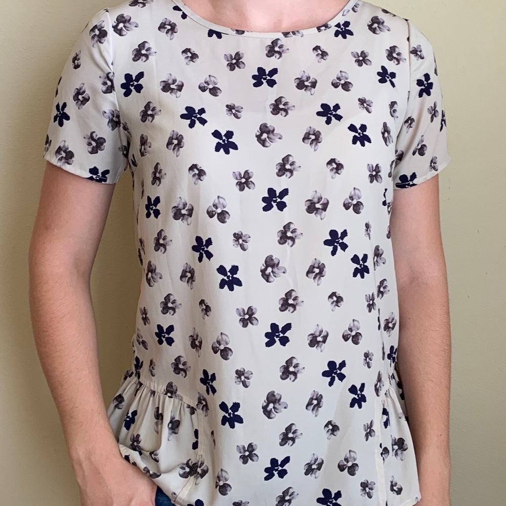 Navy floral on oatmeal, blouse.